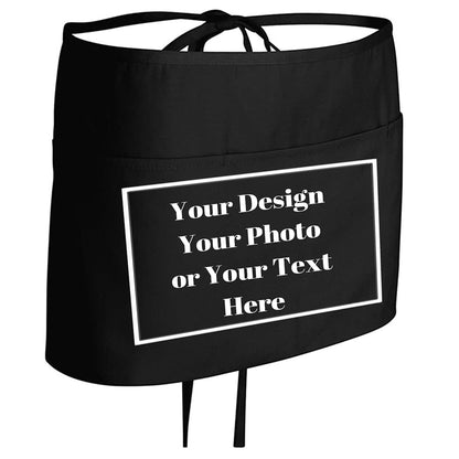 Custom Waist Apron with 3 Pockets Personalized Your Design Text Women Men Waiter Waitress Half Aprons