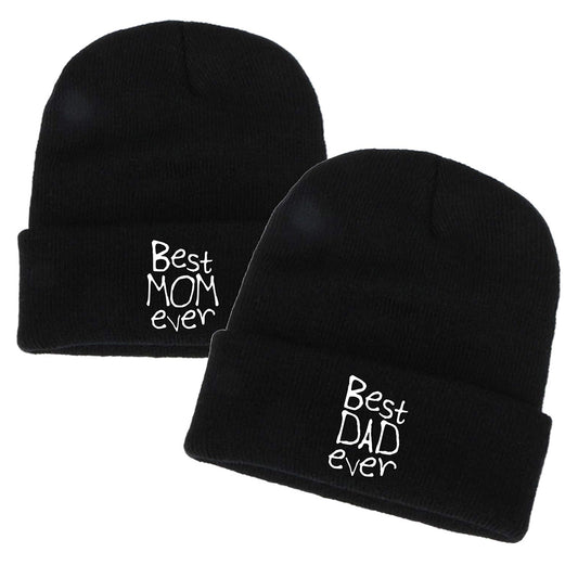 Best Mom Dad Ever Unisex Men Women Embroidery Beanie Skull Cap Winter Knitted Hats Couple Gift