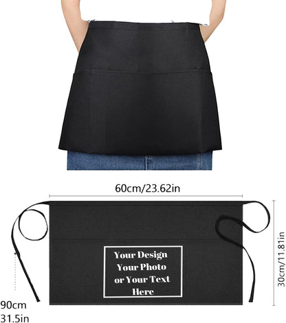 Custom Waist Apron with 3 Pockets Personalized Your Design Text Women Men Waiter Waitress Half Aprons