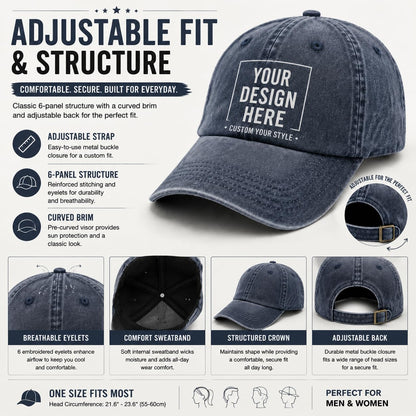 Custom Your Picture Text Logo Unisex Vintage Washed Personalized Plain Adjustable Denim Hat Baseball Cap