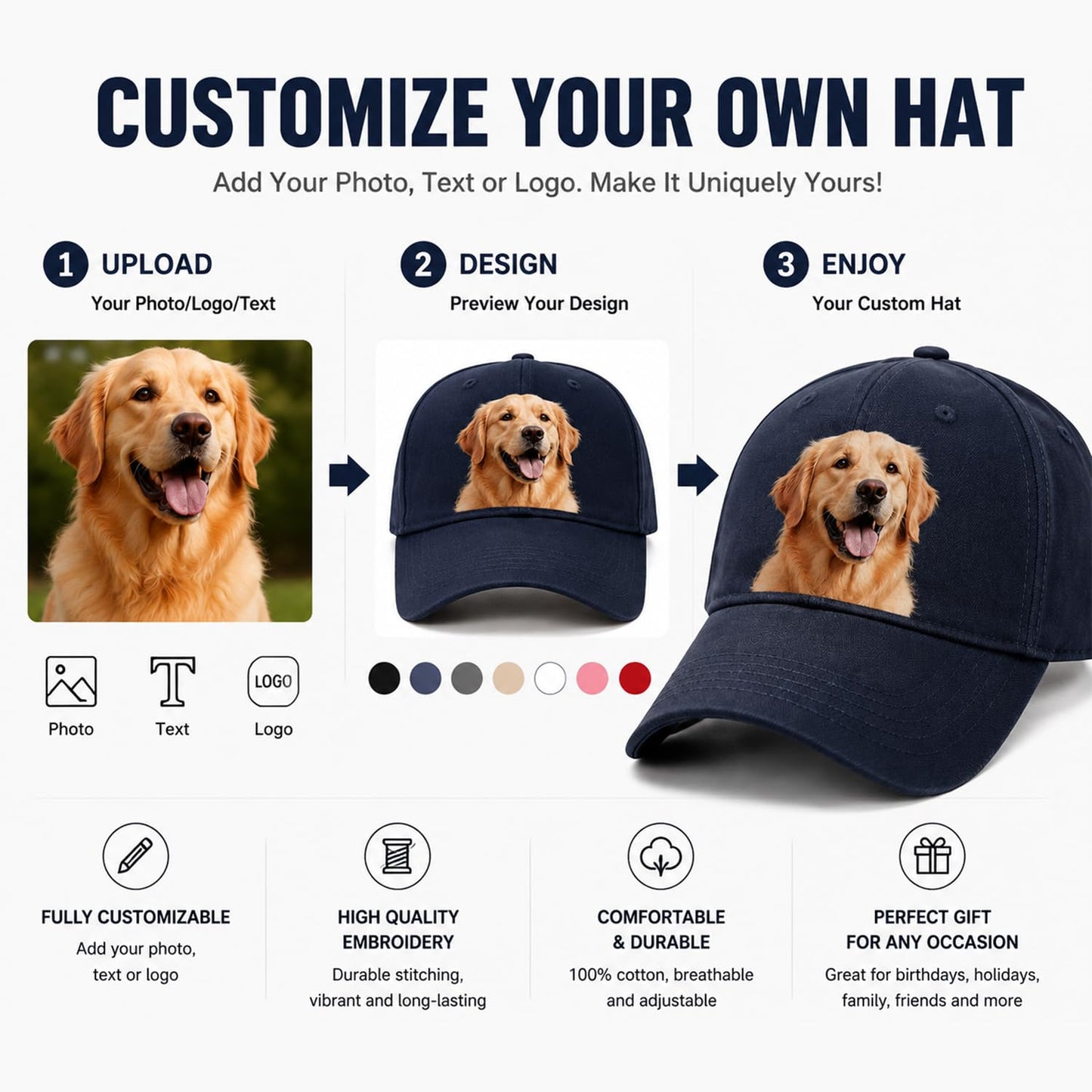 Custom Your Own Picture Text Logo Unisex Personalized Plain Adjustable Hat Baseball Cap