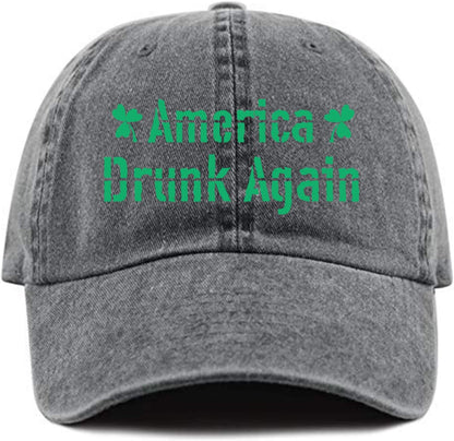 America St Patrick's Day Drunk Again Print Unisex Teen Adult Vintage Washed Cotton Adjustable Baseball Cap Denim Hat
