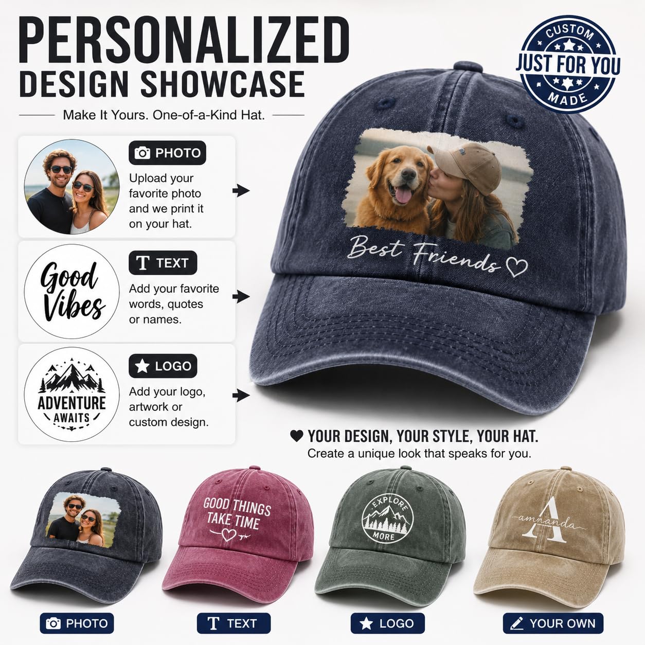 Custom Your Picture Text Logo Unisex Vintage Washed Personalized Plain Adjustable Denim Hat Baseball Cap