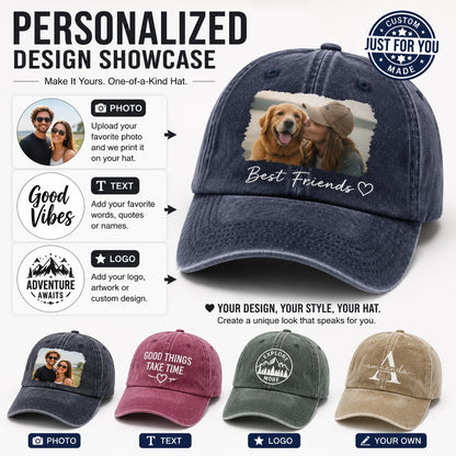Custom Your Picture Text Logo Unisex Vintage Washed Personalized Plain Adjustable Denim Hat Baseball Cap